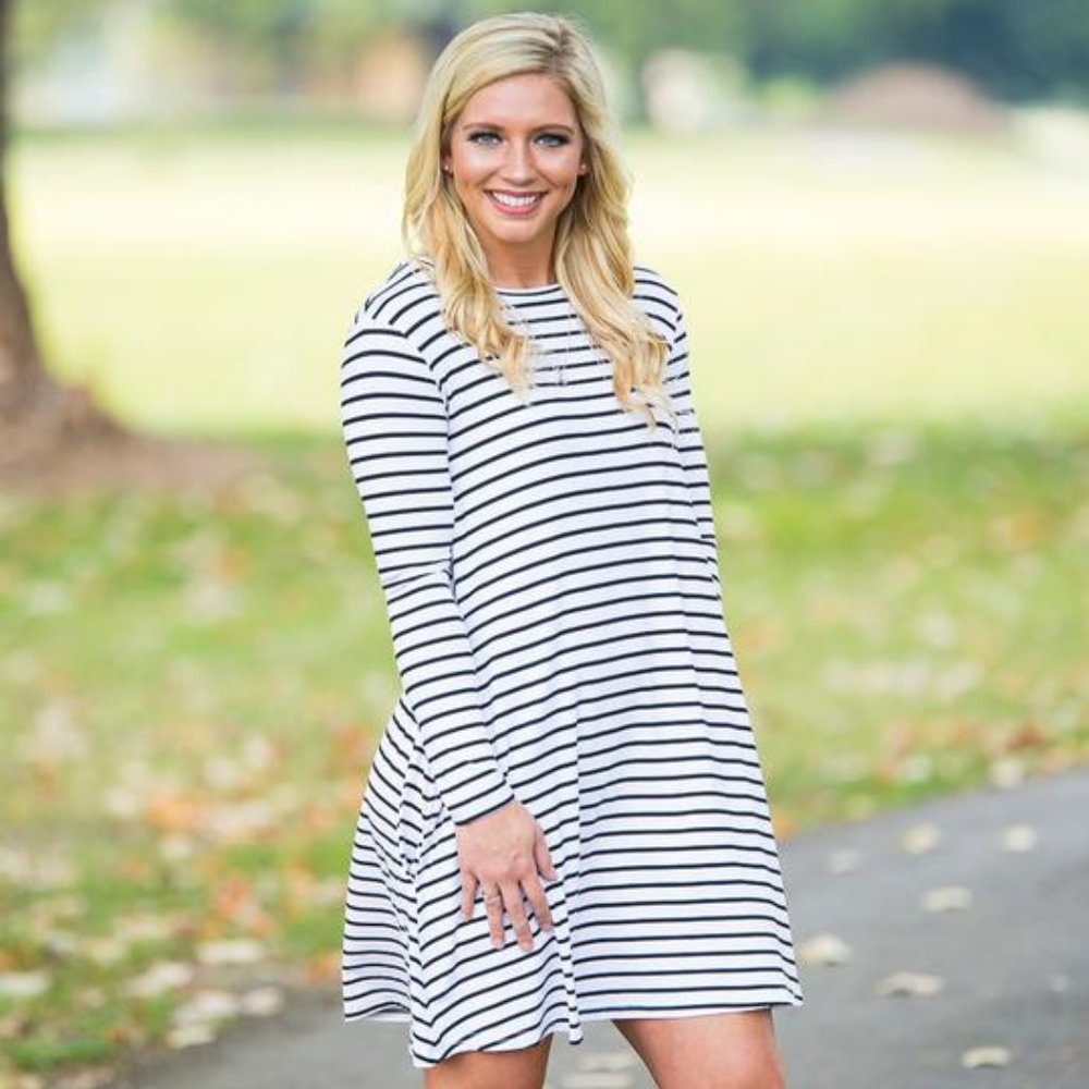 Piko Long Sleeve Stripe Swing Dress - White/Black